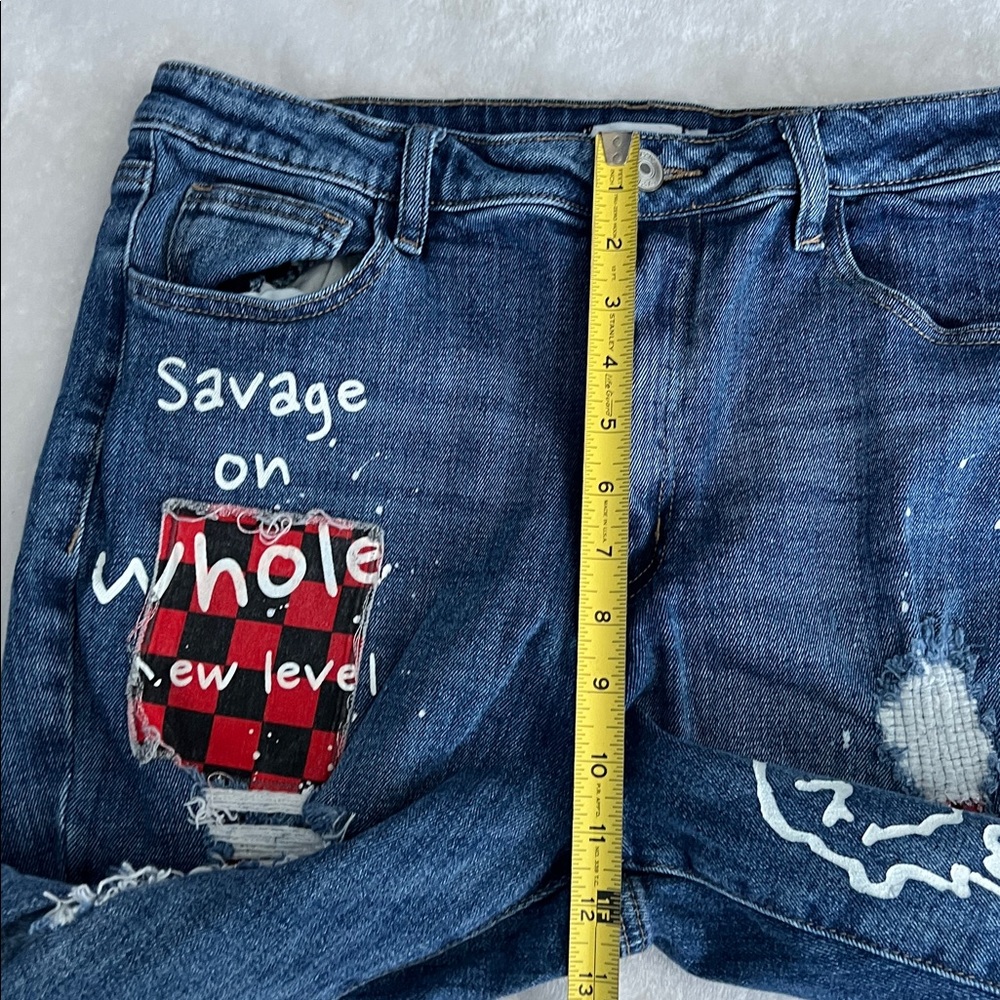 Rue21 Blue Distressed Jeans with Red and White Accents - Junior 16 - Picture 7 of 11